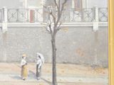a painting of two people with umbrellas on the street