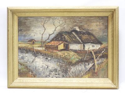 an image of a painting of a farm scene with a woman and a horse