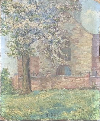 G. D. NAEYER (XIXe-XXe) "Le cerisier en fleur près de l'égli…