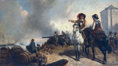 a painting of a man on a horse pointing at another man on a horse