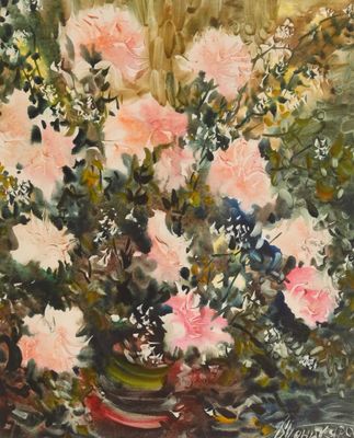 une peinture de fleurs roses dans un vase sur une table