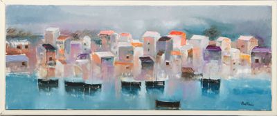 painting of a painting of a city by a body of water