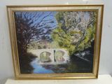 une image d'une peinture représentant un pont sur une rivière