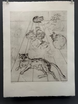 une image représentant un dessin d'un chat et d'autres chats dans une pièce