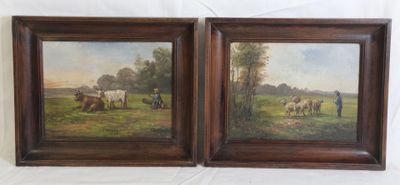 paire de peintures à l'huile représentant du bétail dans un champ avec un homme et une femme