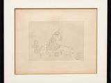 a drawing of a man riding a horse in a field