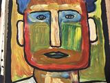 a picture of a painting of a man with a blue hat