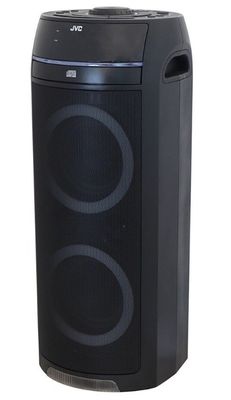 une enceinte portable noire équipée de deux haut-parleurs sur le dessus