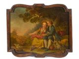 un vieux tableau représentant deux enfants assis sur un banc dans un décor boisé