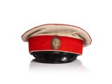 an image of a red hat with a gold emblem on it