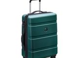 a green suitcase with wheels on a white background
