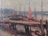 a painting of boats docked on the shore by the water