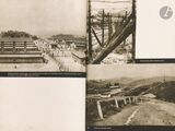 an old photo of a bunch of pictures of people on a bridge