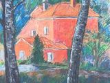 une peinture à l'huile représentant une maison et des arbres dans un champ
