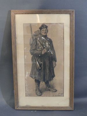 an old picture of a man in a military uniform holding a rifle