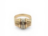 a yellow gold ring with a diamond set in the center