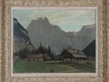 an image of a painting of a mountain scene with a cabin