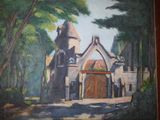 une peinture à l'huile représentant une église dans un cadre boisé, entourée d'arbres