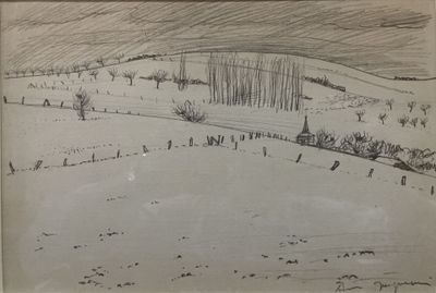 dessin représentant un paysage enneigé avec des arbres et une clôture au premier plan