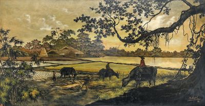 un tableau représentant un homme à cheval au bord d'une rivière