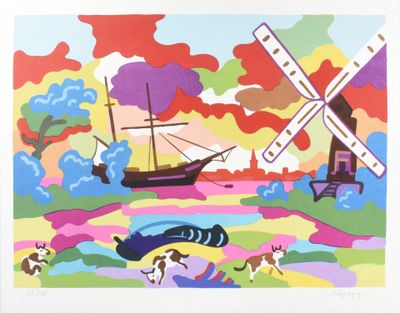 une photo d'un tableau représentant un moulin à vent et un bateau