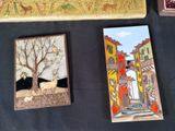 three cards on a table with a picture of a woman and a dog