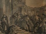 a painting of a group of people standing in a building