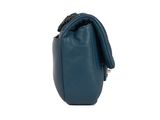 blue leather shoulder bag with chain strap and flap closure