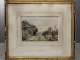 un tableau représentant un paysage avec des arbres et des buissons, dans un cadre doré
