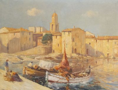 une peinture représentant un bateau dans l'eau à côté d'un bâtiment