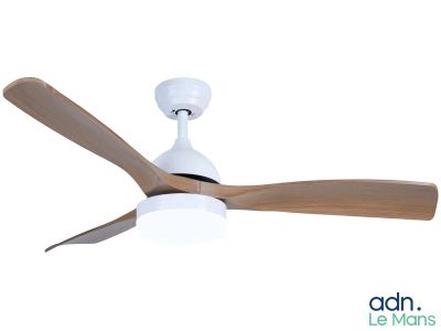 Le ventilateur de plafond est blanc et ses pales sont en bois.