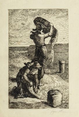 une image représentant un dessin d'un homme et d'un chien sur une plage