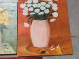 three paintings of flowers in a vase and apples on a table