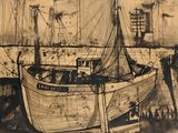 drawing of a boat in a harbor with people standing around it