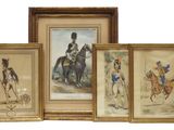trois tableaux encadrés représentant des hommes à cheval et un homme à cheval