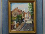 peinture à l'huile encadrée représentant une scène de rue avec des passants marchant dans la rue