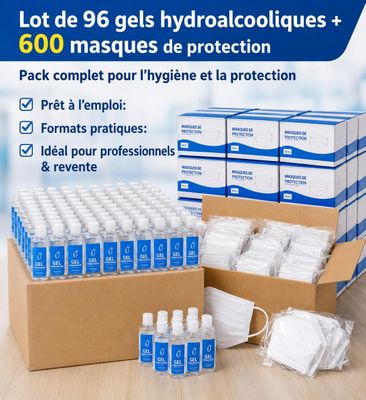 lot de 66 gels hydroalcooliques + 500 masques de protection