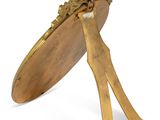 an image of a gold plate with a handle on a white background