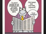 cartoon picture of a man reading a newspaper with two speech bubbles above his head