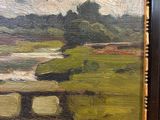 an oil painting of a landscape with a bridge over a river