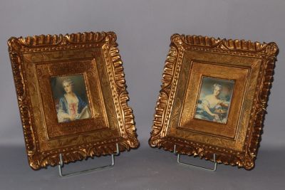 two framed pictures of a woman and a man sitting on a couch