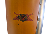 a close up of a surfboard with a logo on it