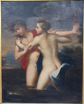 une peinture à l'huile représentant deux nus dans un paysage avec un ciel en arrière-plan