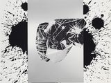 an image of a black and white picture of a skull with paint splatters on it