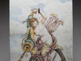 tableau représentant une femme à vélo avec un oiseau sur le dos