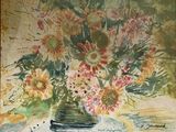 a painting of a vase of flowers on a table