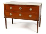 a small wooden chest of drawers with marble top