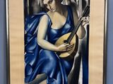 a painting of a woman playing a guitar in a blue dress