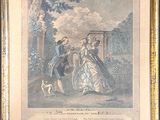 an old picture of a man and a woman walking a dog in a park