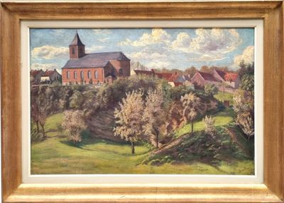 an oil painting of a church on a hill with trees in the foreground